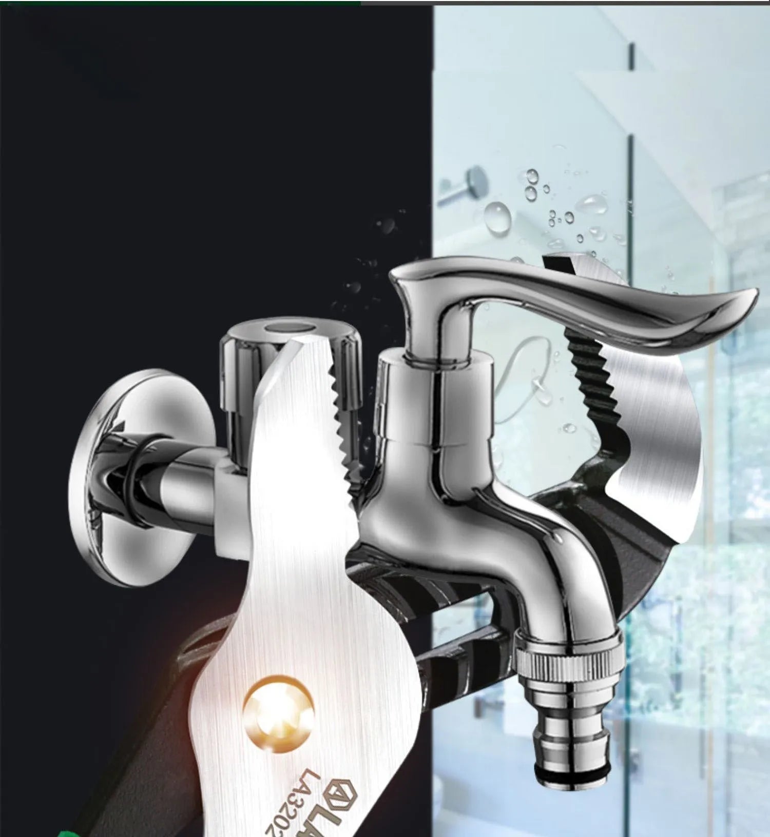 Adjustable water pipe wrench set showing four size options with CR-V steel construction and multi-gear adjustment mechanism