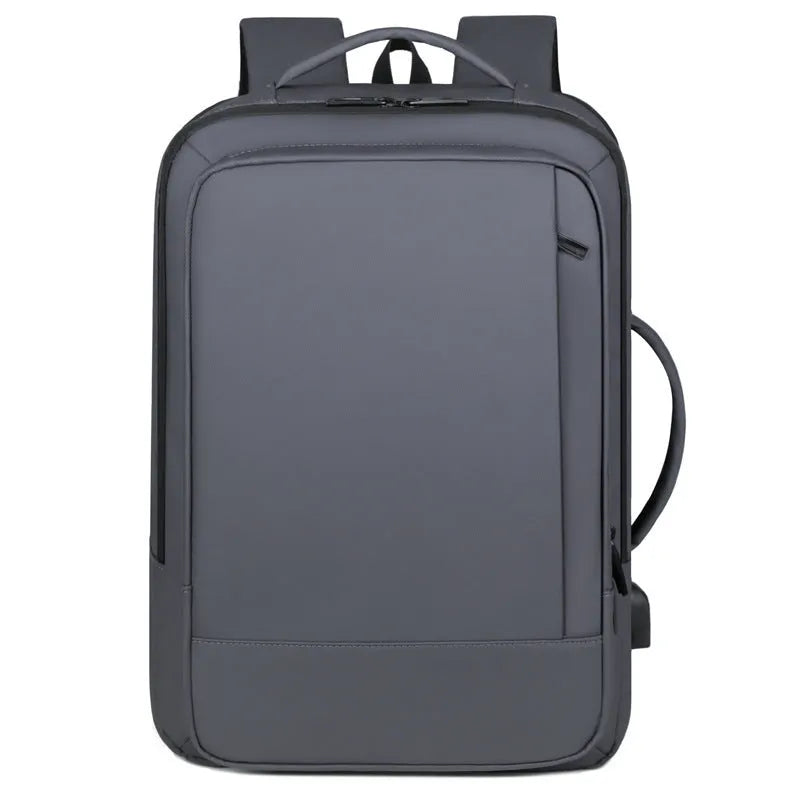 Black Oxford cloth waterproof backpack with curved shoulder strap, shown with a laptop compartment open.