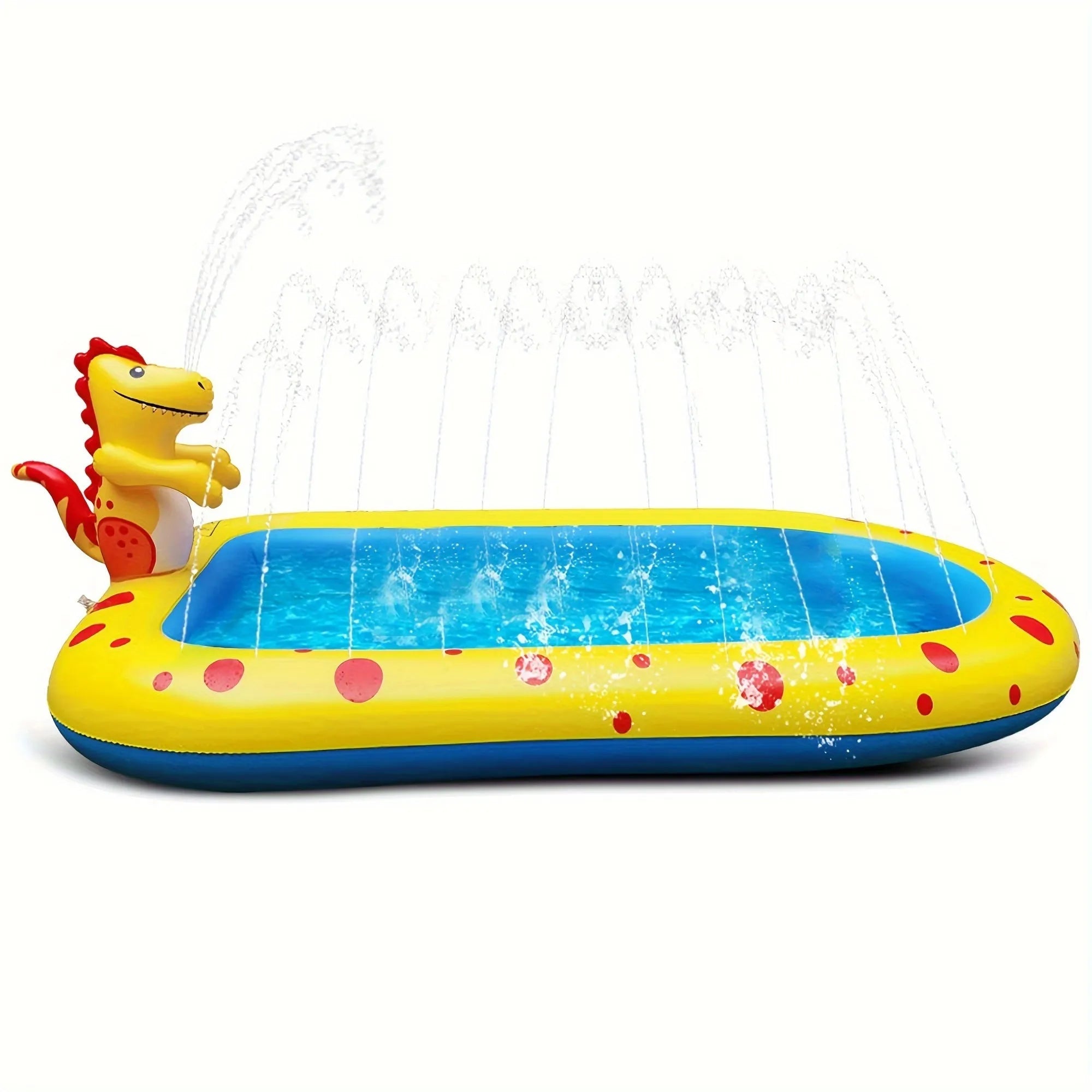 Blue dinosaur inflatable water spray pool with shark design play mat and spray toys