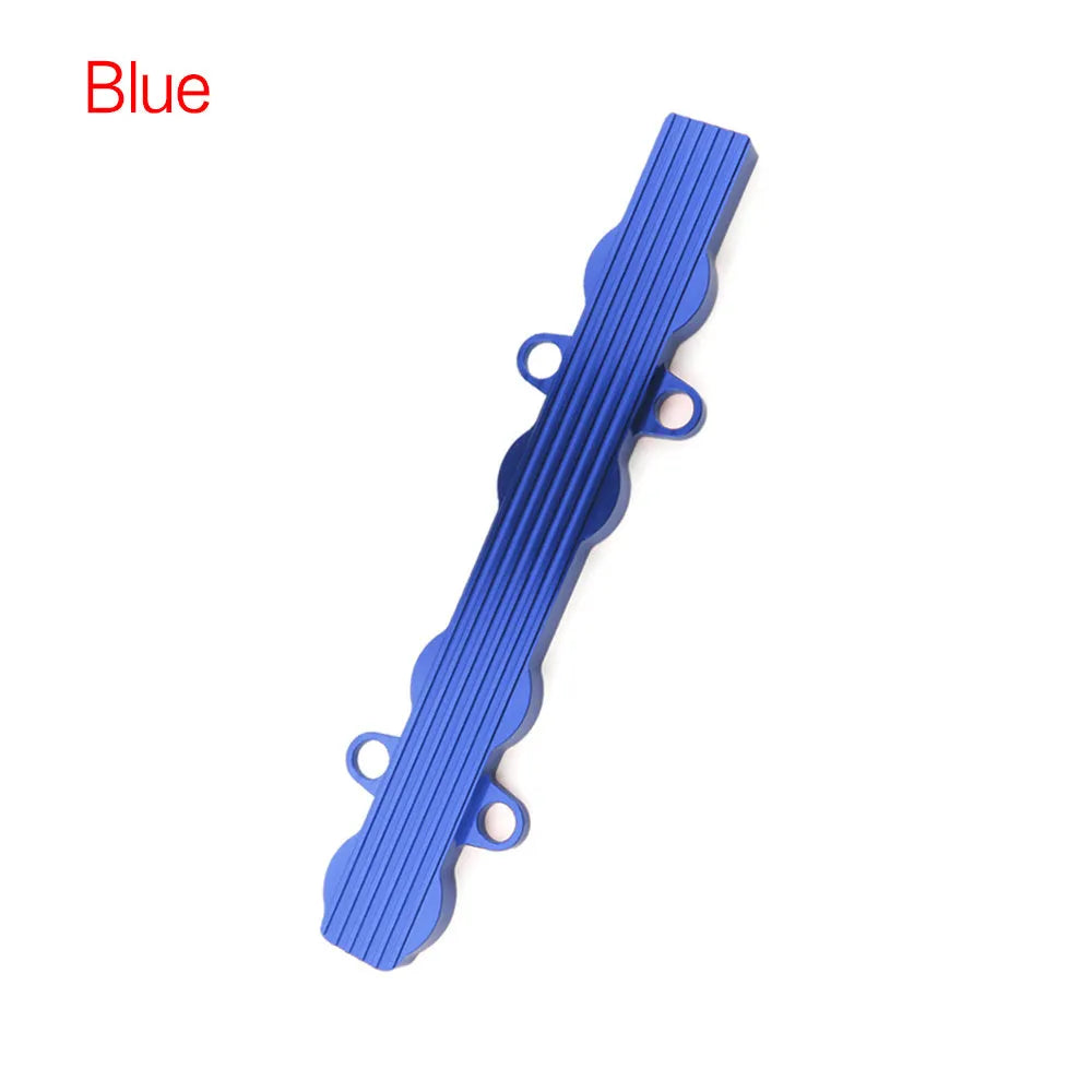 Aluminium alloy car engine harness holder bracket in blue, red, and silver, with and without mounting holes.