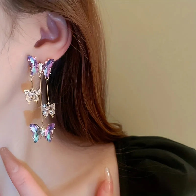 Silver needle blue purple butterfly crystal flower tassel earrings with electroplated alloy construction