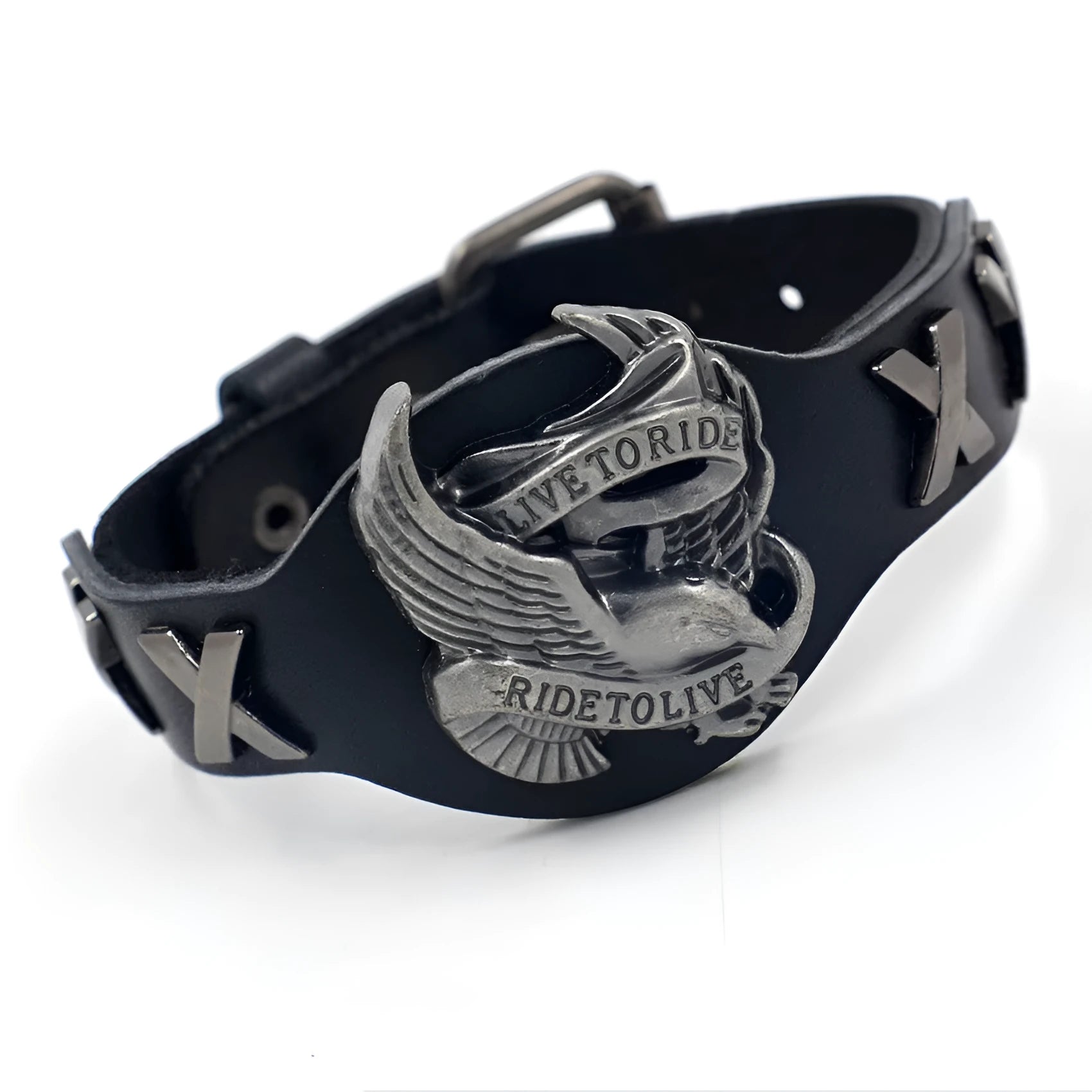 Black geometric eagle head leather bracelet with tapered width and button fastening.