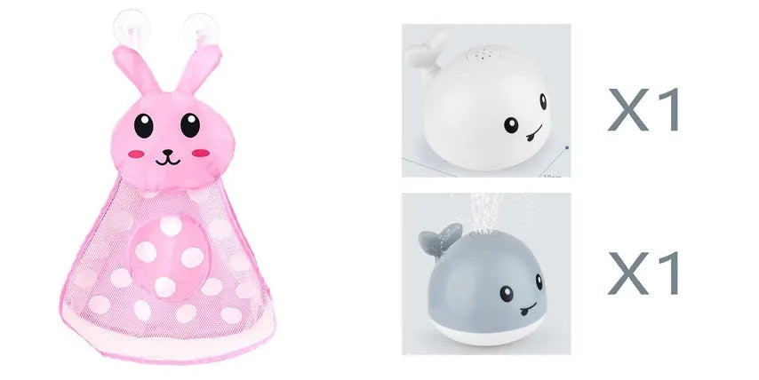 Blue and white whale bath toy with water spray and flashing lights for baby sensory play