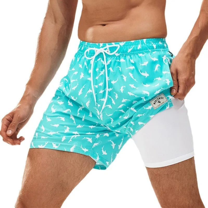 Men's loose fit quick-drying swimming trunks in various floral patterns and solid colours
