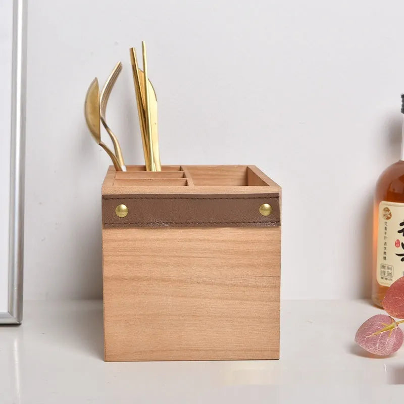 Wooden kitchen storage box with grid divider for knives forks and chopsticks