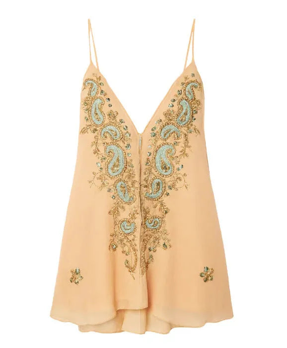 Light yellow ethnic print V-neck strap sleeveless polyester short skirt for women, front view showing sling-style design and print pattern.