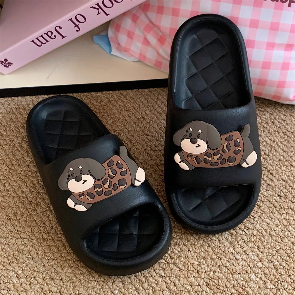 Pair of EVA flip flop sandals for couples in leopard puppy print, showing thickened sole.