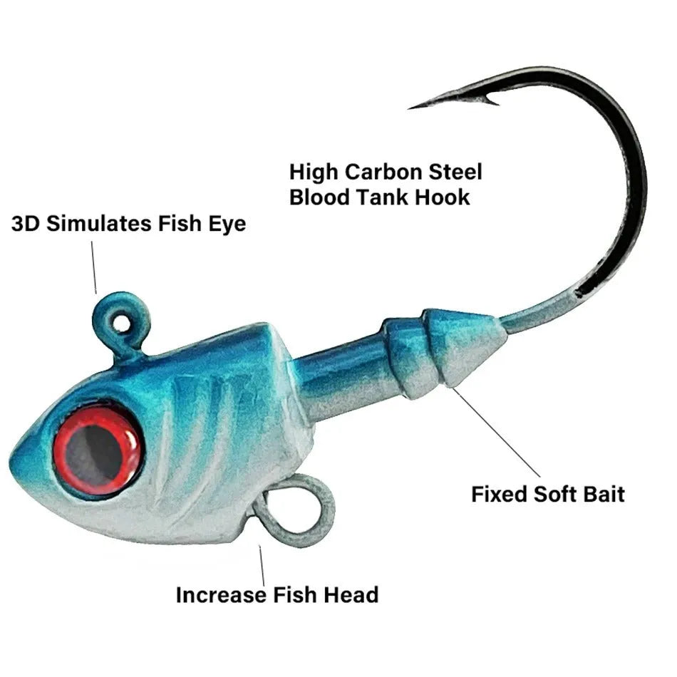 Beizheng Road yayu simulation lead head fishing hooks in blue, silver, yellow colours showing weight options.