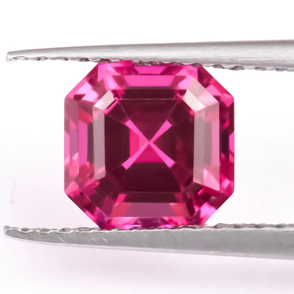 Lab-created ruby gemstone in egg, round, princess, water drop, grandmother, and Asche cuts.