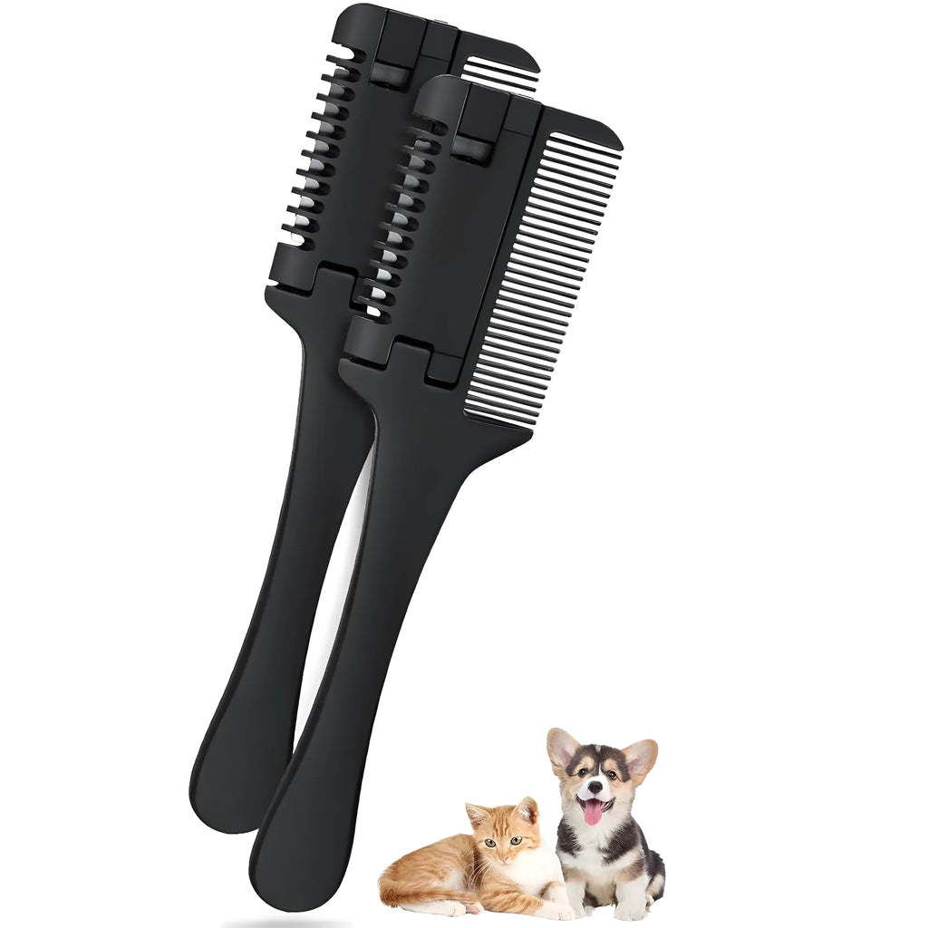 Razor comb for dogs and cats with attached blade and packet of ten spare replacement blades.