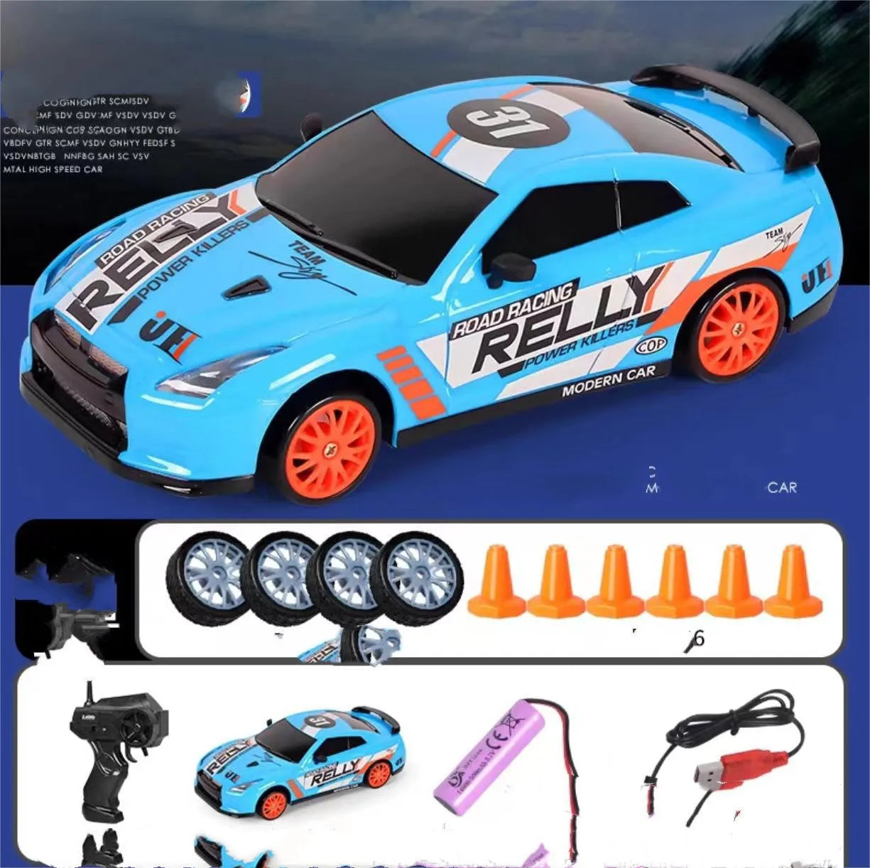 2.4G RC drift car 4WD 1:24 scale remote control toy GTR model in classic style on road with traffic cones