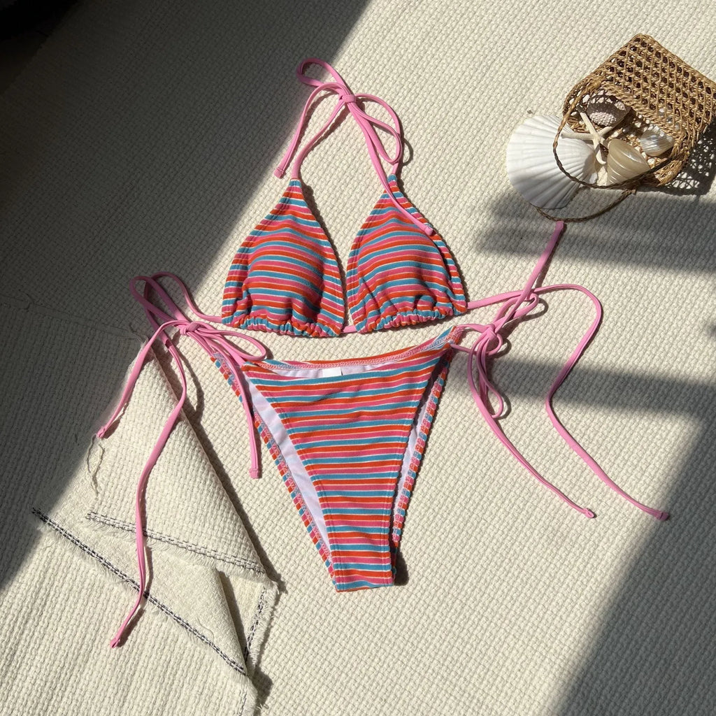 Women's striped split bikini set in polyester briefs style for swimming and wading, available in multiple colours