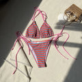 Women's striped split bikini set in polyester briefs style for swimming and wading, available in multiple colours