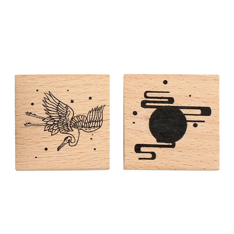 Mr. Paper wooden stamp seal with a crane design from the Huahegui series.
