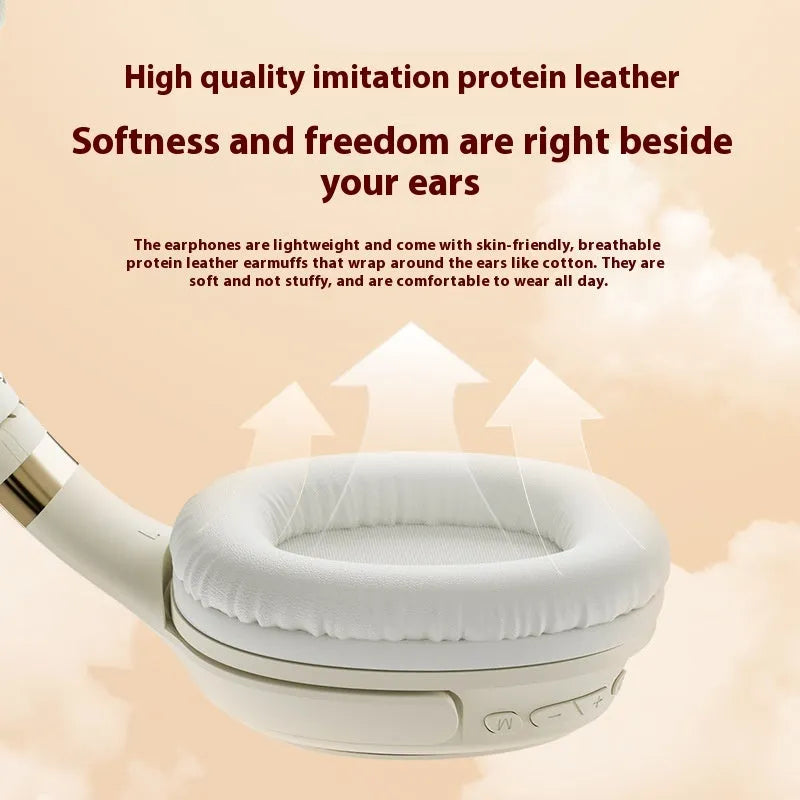 Wireless Bluetooth gaming headset in cream colour with head-mounted design for e-sports