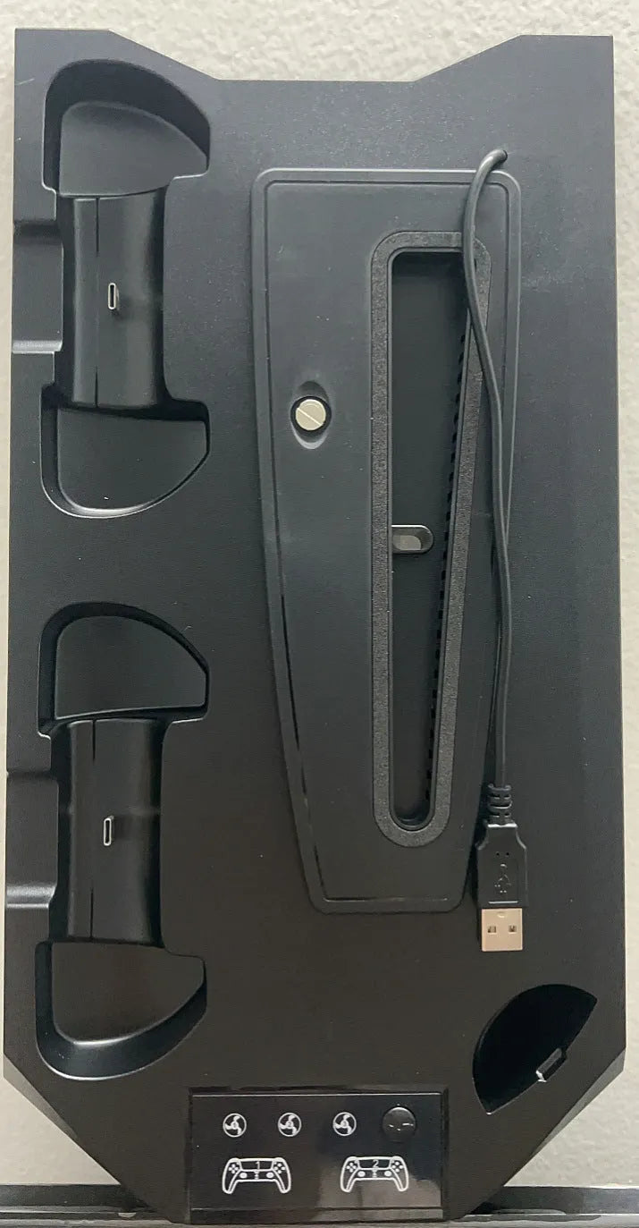 PS5 charging cooling station with dual controller docks and headphone hook in black or white