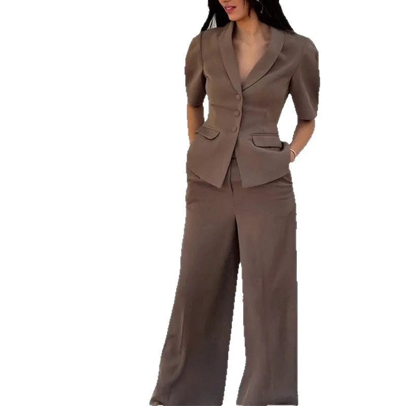 Brown polyester slim fit waist men's suit set with top and trousers