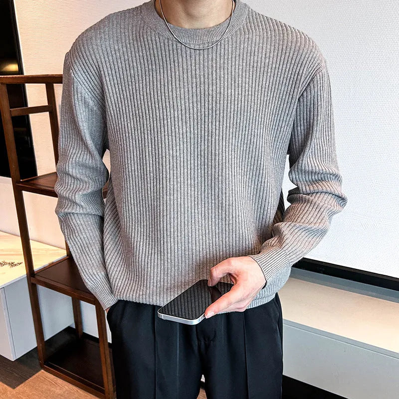 Men's thick bamboo fibre ice silk sweater in light gray, loose fit, round neck, striped pattern