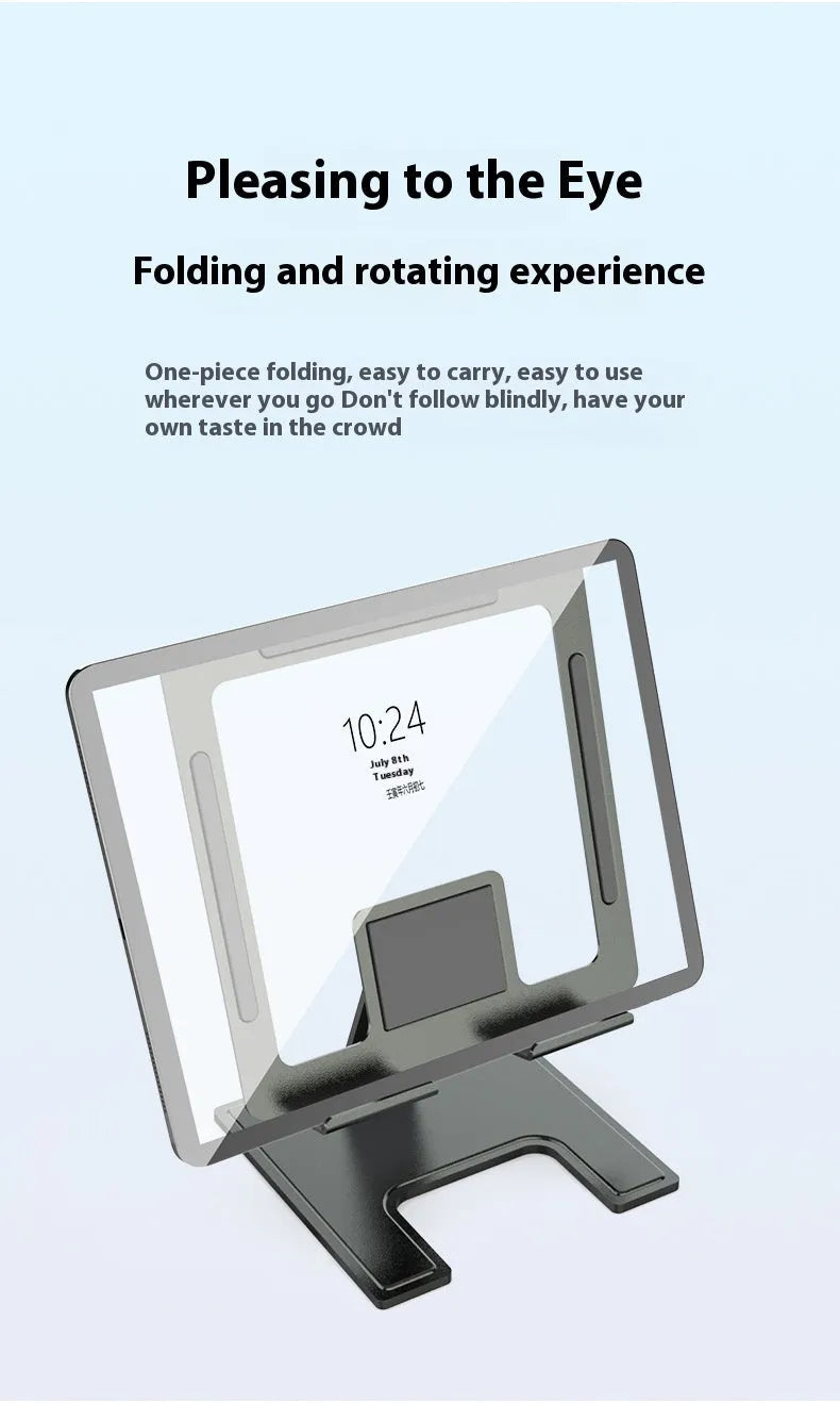 Flat desktop foldable rotating metal bracket for notebook in black alloy finish on desk