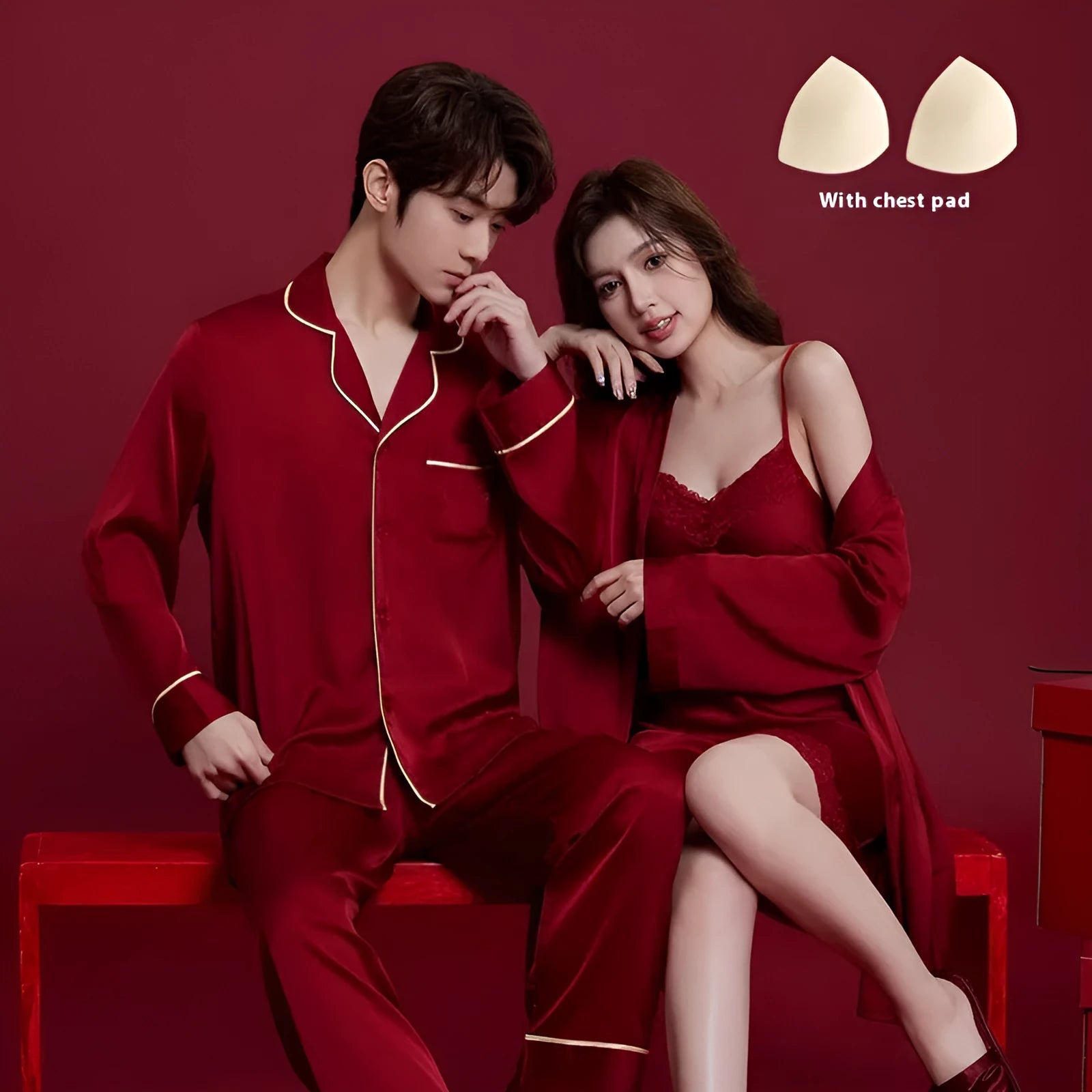 Matching red men's and women's pyjama set with long sleeves and trousers, wedding dowry sleepwear