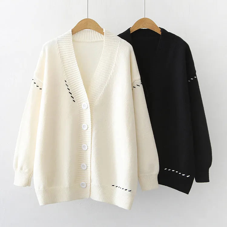 Women's loose fit knitted cardigan top coat in black or white colour