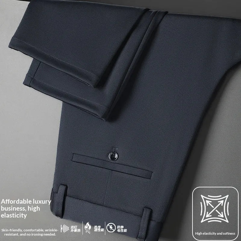 Men's autumn winter thick casual pants in sapphire blue with high elasticity waist, polyester fabric, size 29-40
