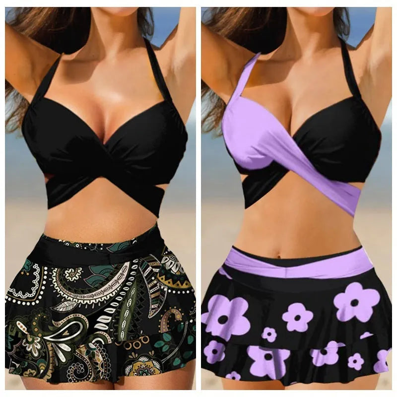 Purple women's high-waist bikini swimsuit with split skirt and lace-up detail