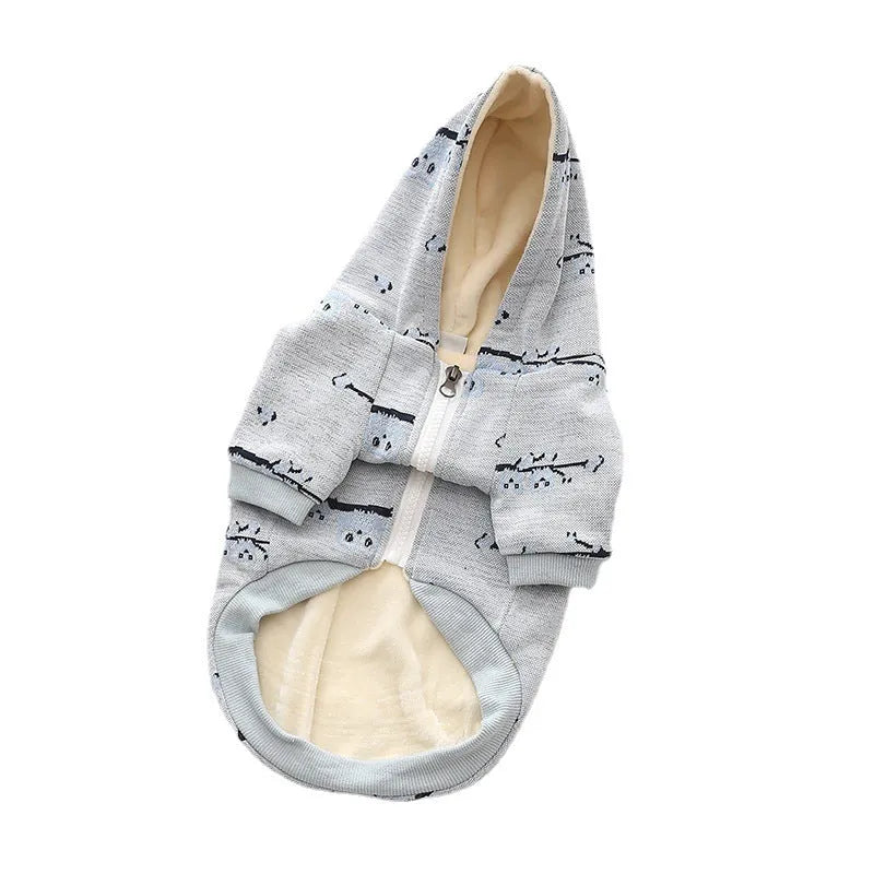 Blue cotton dog sweater with front zipper closure and pattern design
