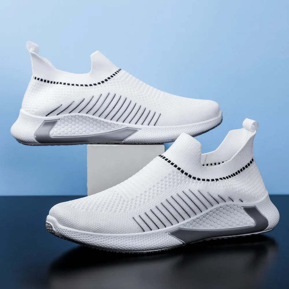 Men's striped mesh sock shoes with flyknit upper and plastic sole in three colour options
