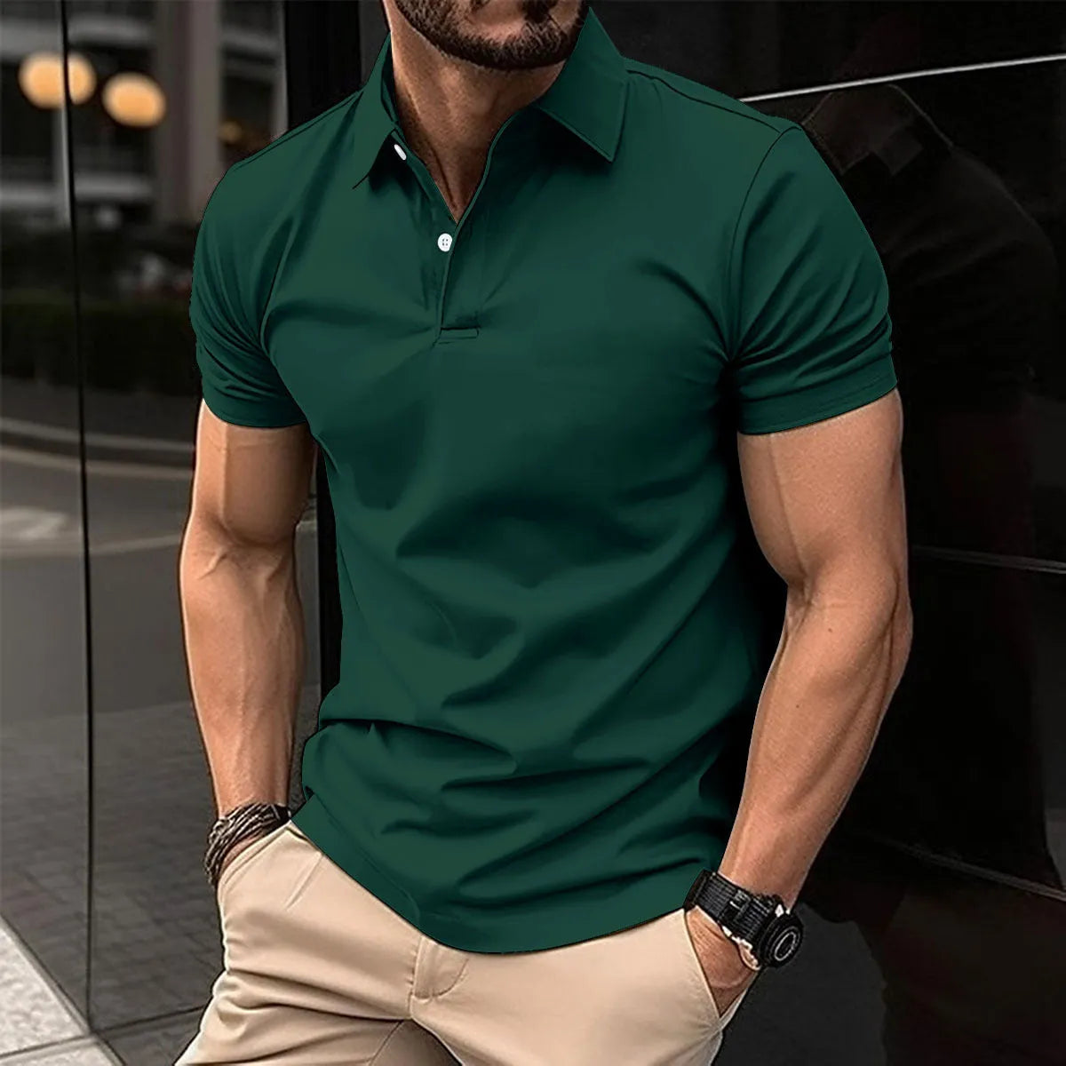 Men's solid colour short sleeve polo shirt with a button-down lapel collar, shown in a light green colour.