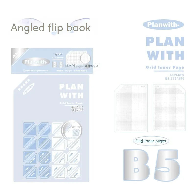Oblique Angle Salt Series A5 and B5 notebook with white or plaid blue cover, open to show unlined pages.