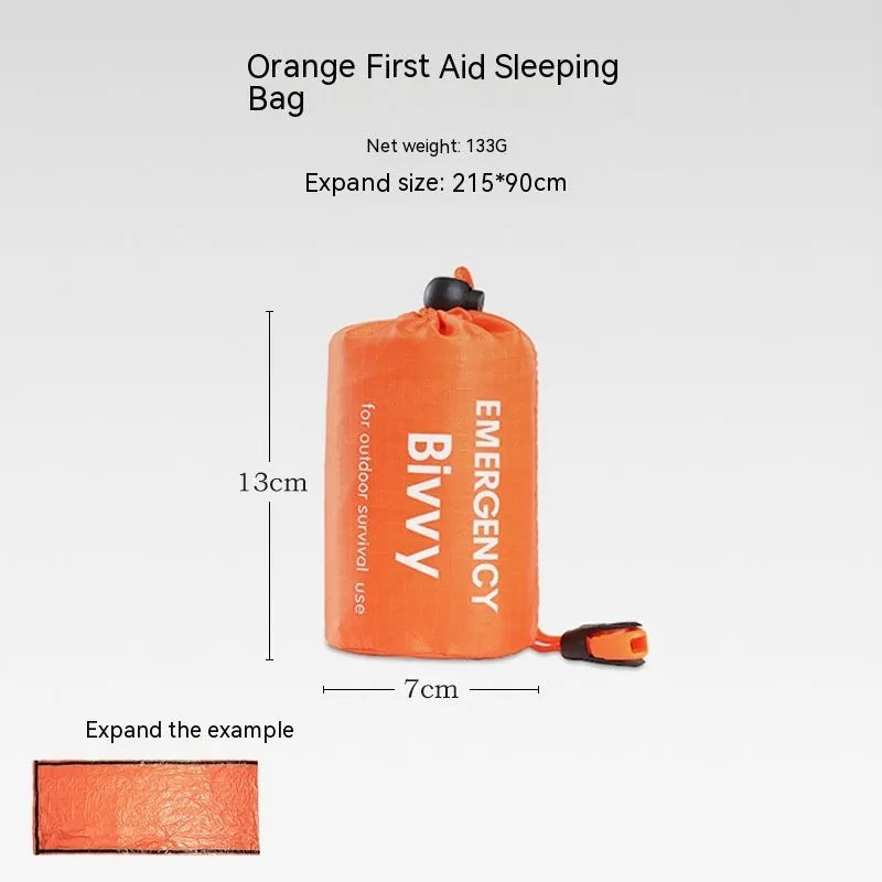 Emergency disaster relief tent kit with sleeping bag and raincoat in orange and green colours