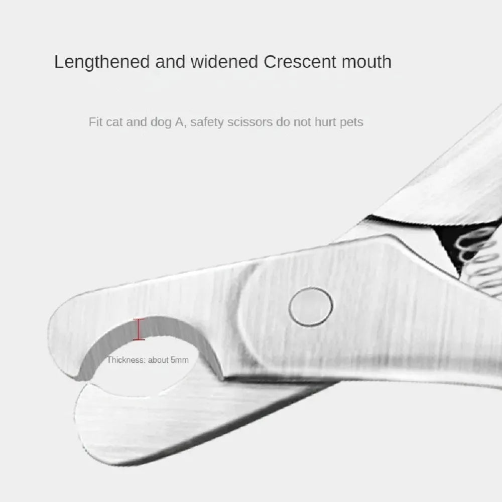 Silver stainless steel pet nail clipper with ergonomic handle and safety guard for dog and cat grooming.
