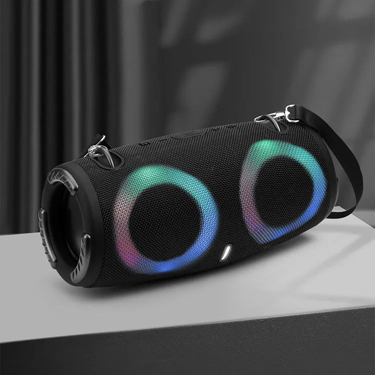 War Drum portable Bluetooth speaker with RGB coloured lights in multiple colour options on a strap.