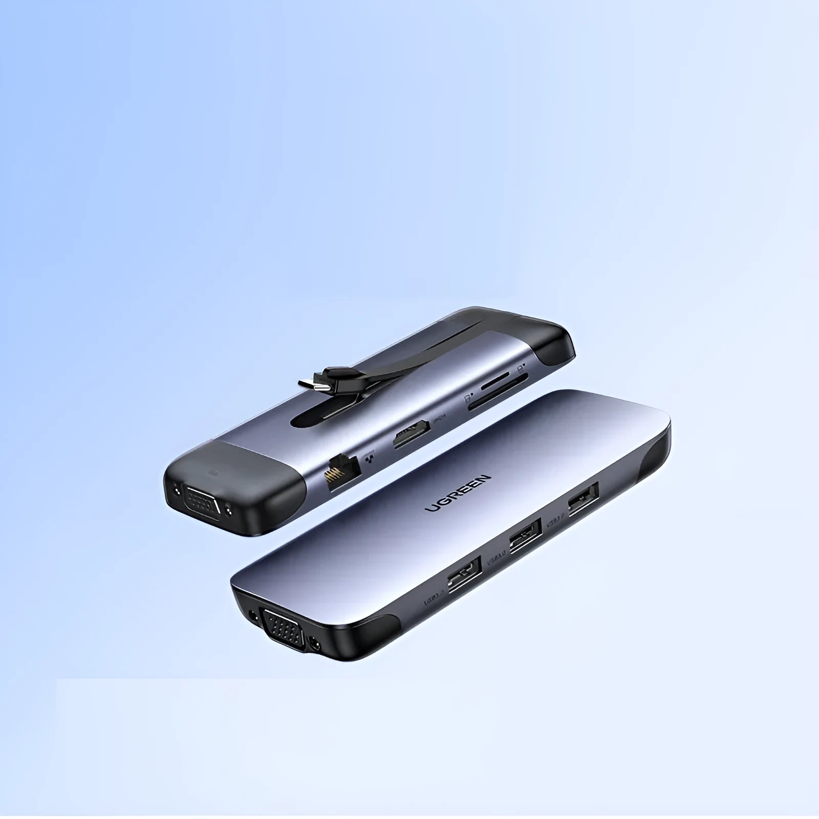 Black USB-C docking station hub showing multiple ports including HDMI, USB, and ethernet, with a short connecting cable.