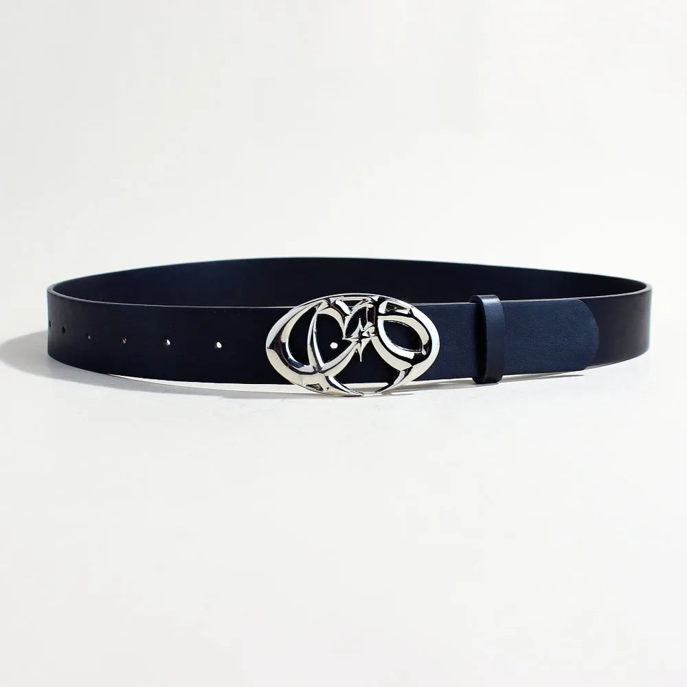 Silver buckle on a 3.3cm wide, 105cm long PU leather casual belt with snap button.
