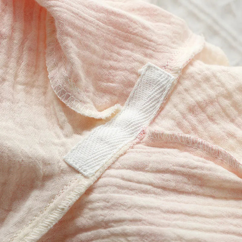 Women's pink cotton gauze trousers suit with lace-up top and long trousers for homewear
