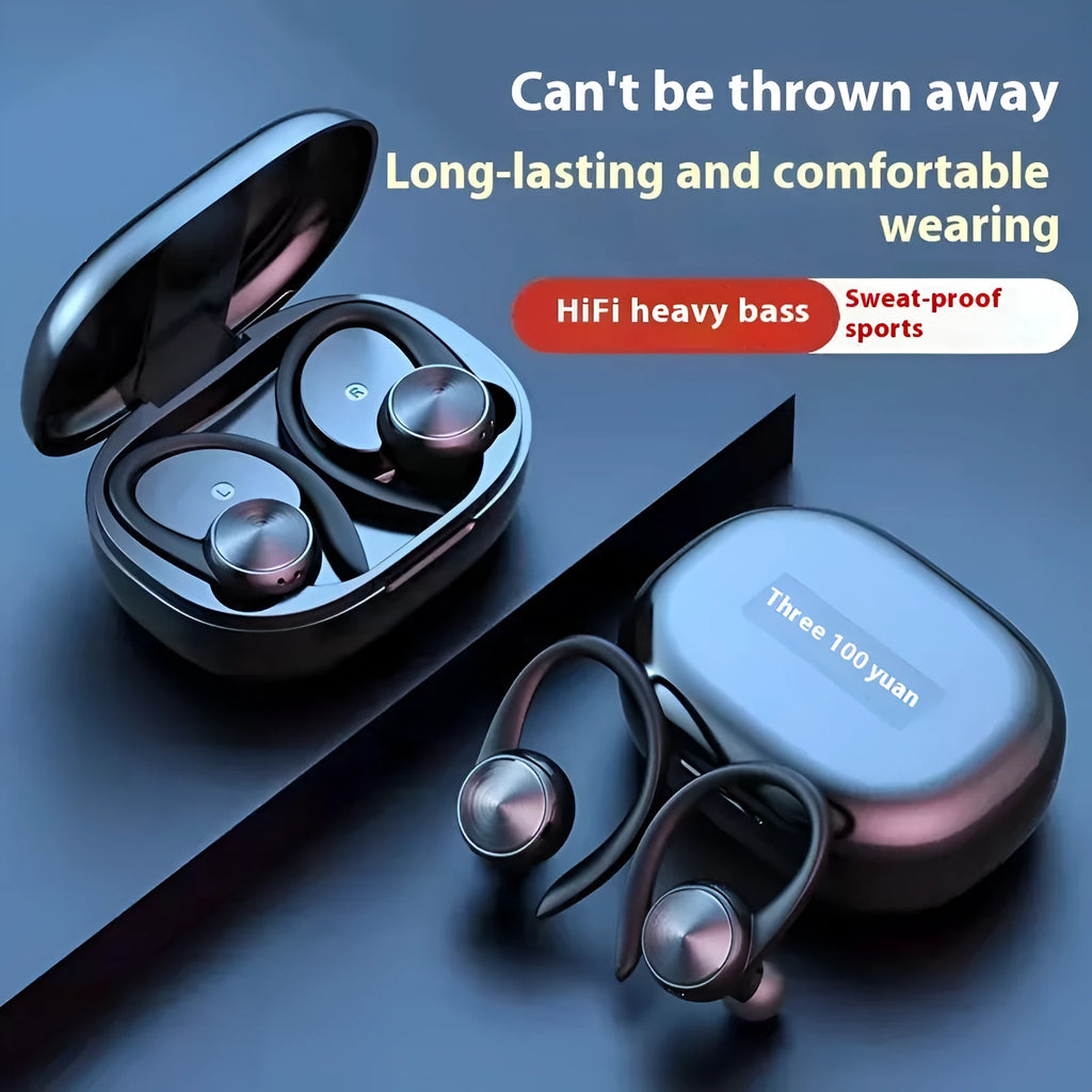 R200 TWS sports Bluetooth headset in black with ear-mounted design and digital display