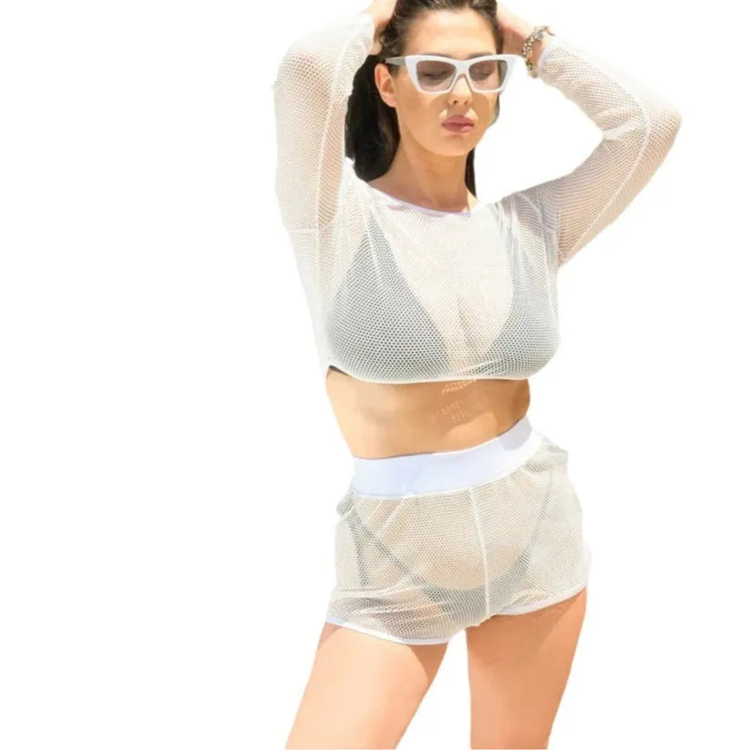 White transparent women's beach swimsuit top with matching skirt on a mannequin.