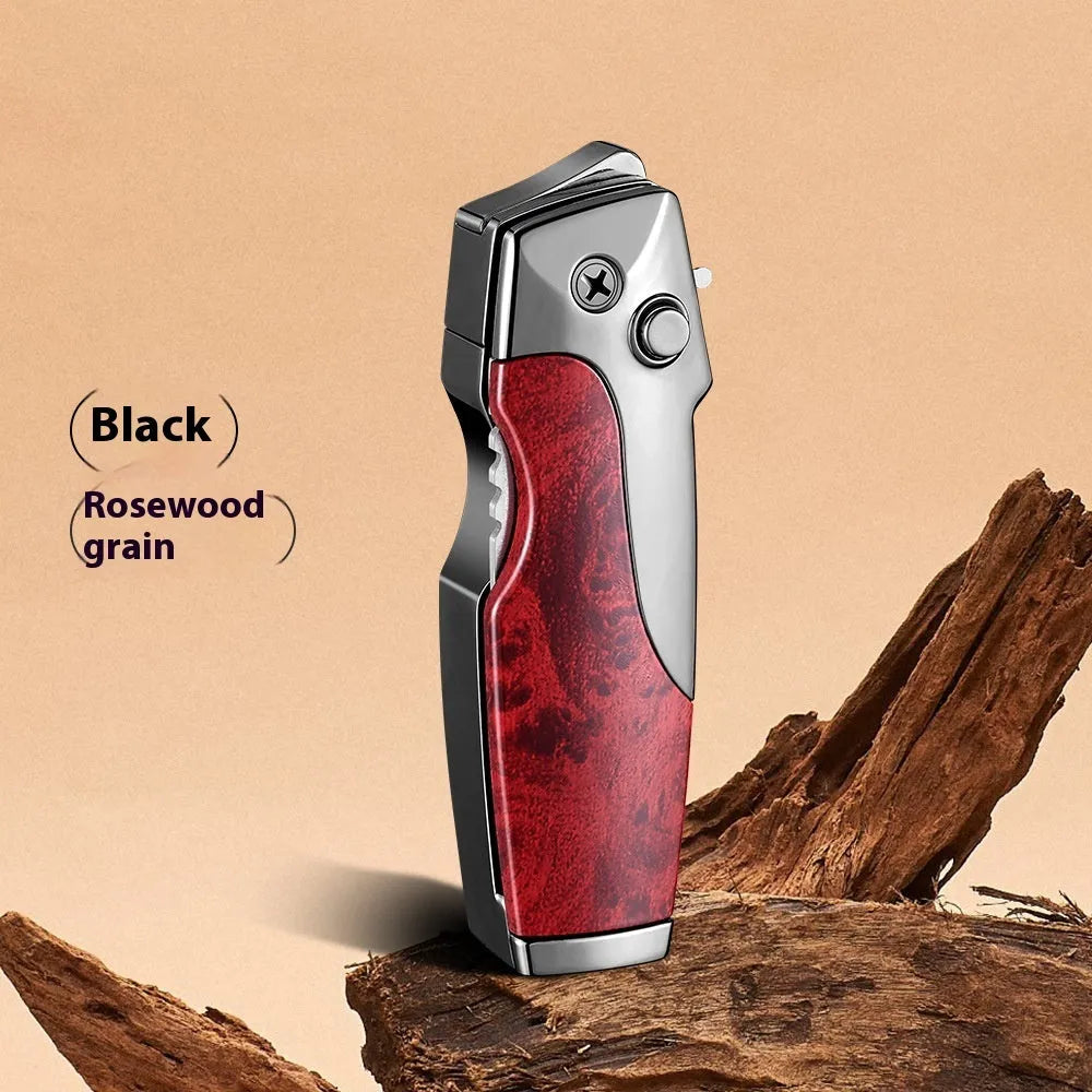 Metal folding outdoor lighter with integrated knife in a zinc alloy case, showing various colour options.