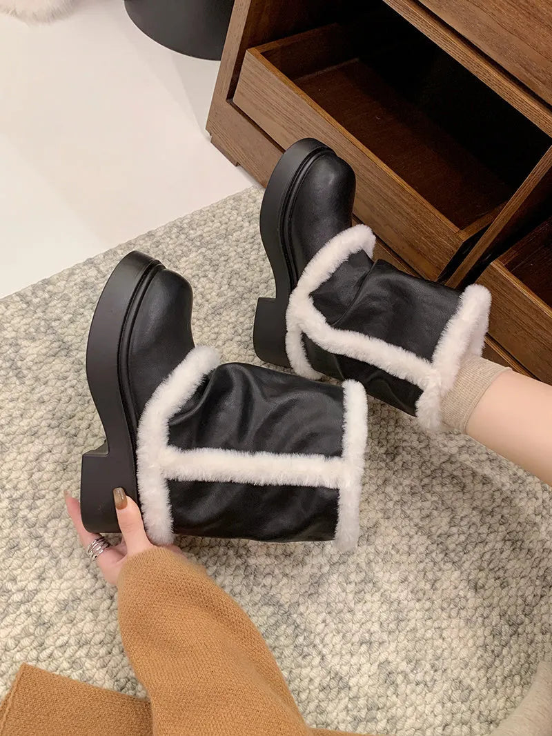 Women's winter faux fur lined short boots with thick sole and plush trim in black