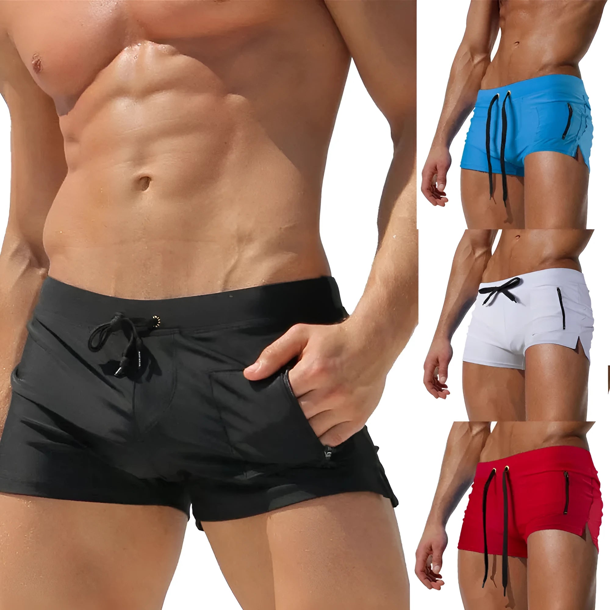 Men's black high waist swimming trunks with lace-up front closure, polyester fabric with spandex lining