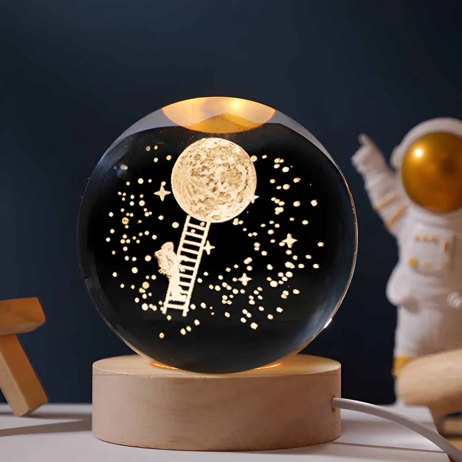 Starry sky luminous crystal ball desktop decoration with wooden base and USB cable
