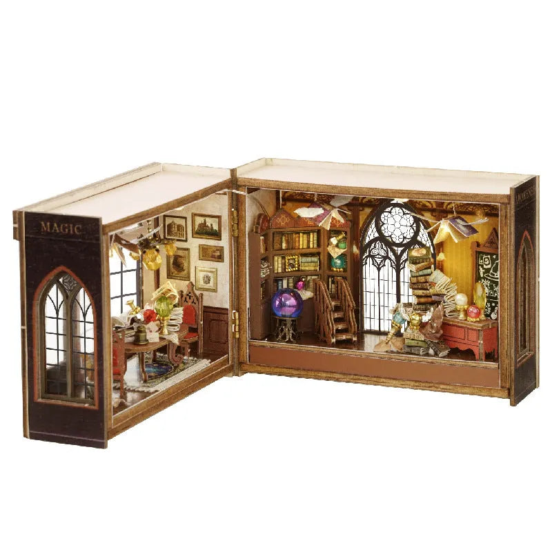 DIY Cottage MINI cut-free paper-cut flip-type wooden building model with flash function in colour box packaging