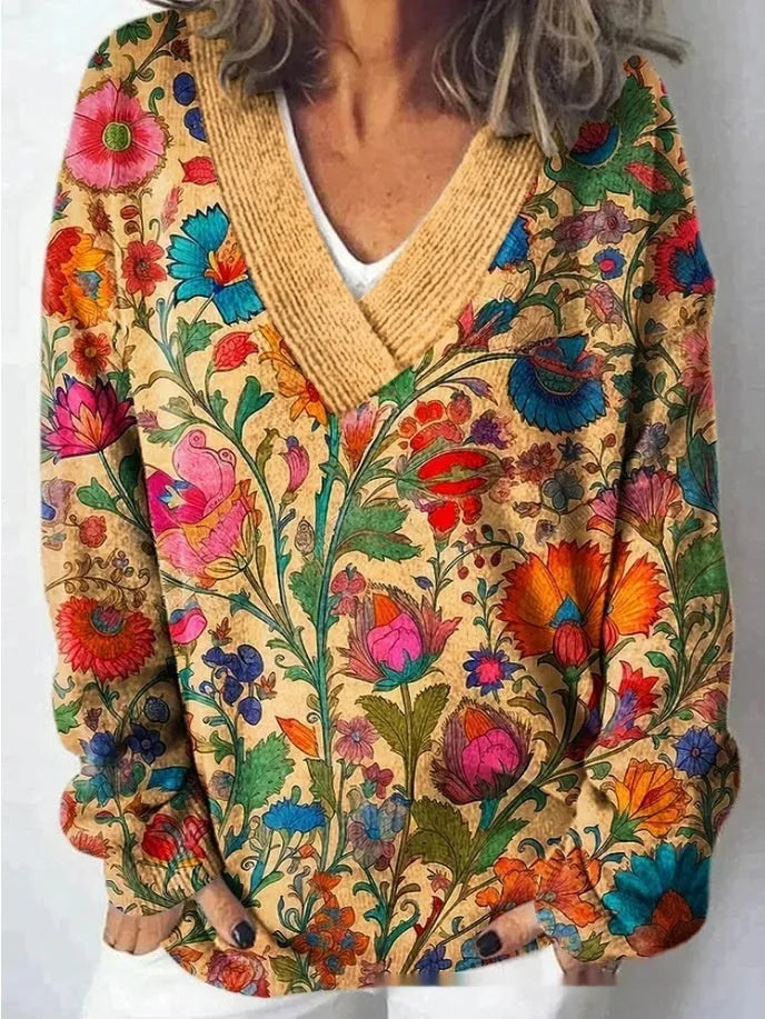 Women's V-neck floral pattern printed sweatshirt with 3D effect and long sleeves