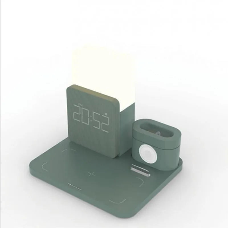 Dark green wireless charging stand holding mobile phone upright with cooling fan visible