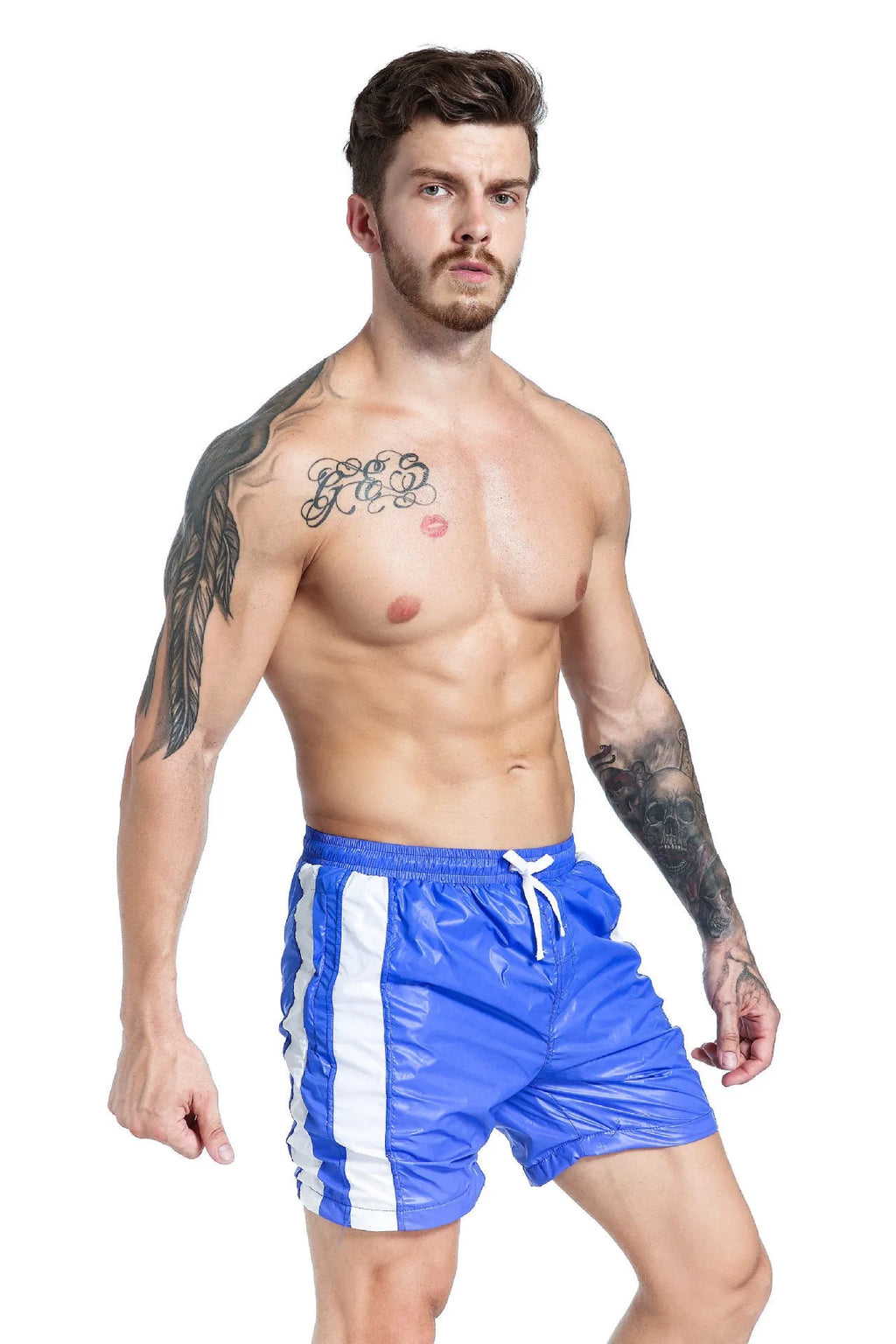 Men's blue lace-up sports shorts with slim fit and padding for athletic activities