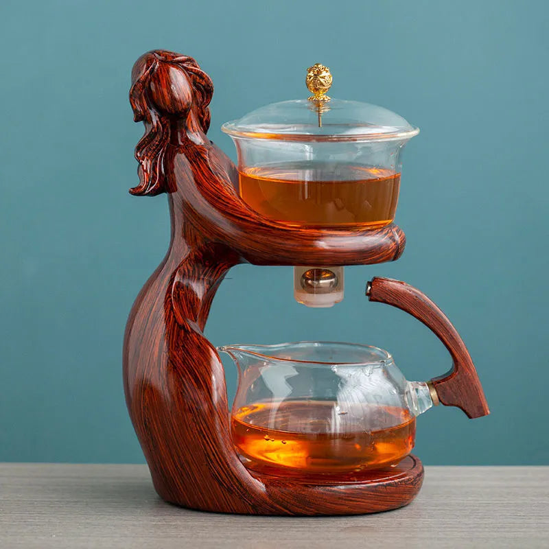 Maid semi-automatic tea set with borosilicate glass teapot, stainless steel filter, and Chinese-style woman sculpture base