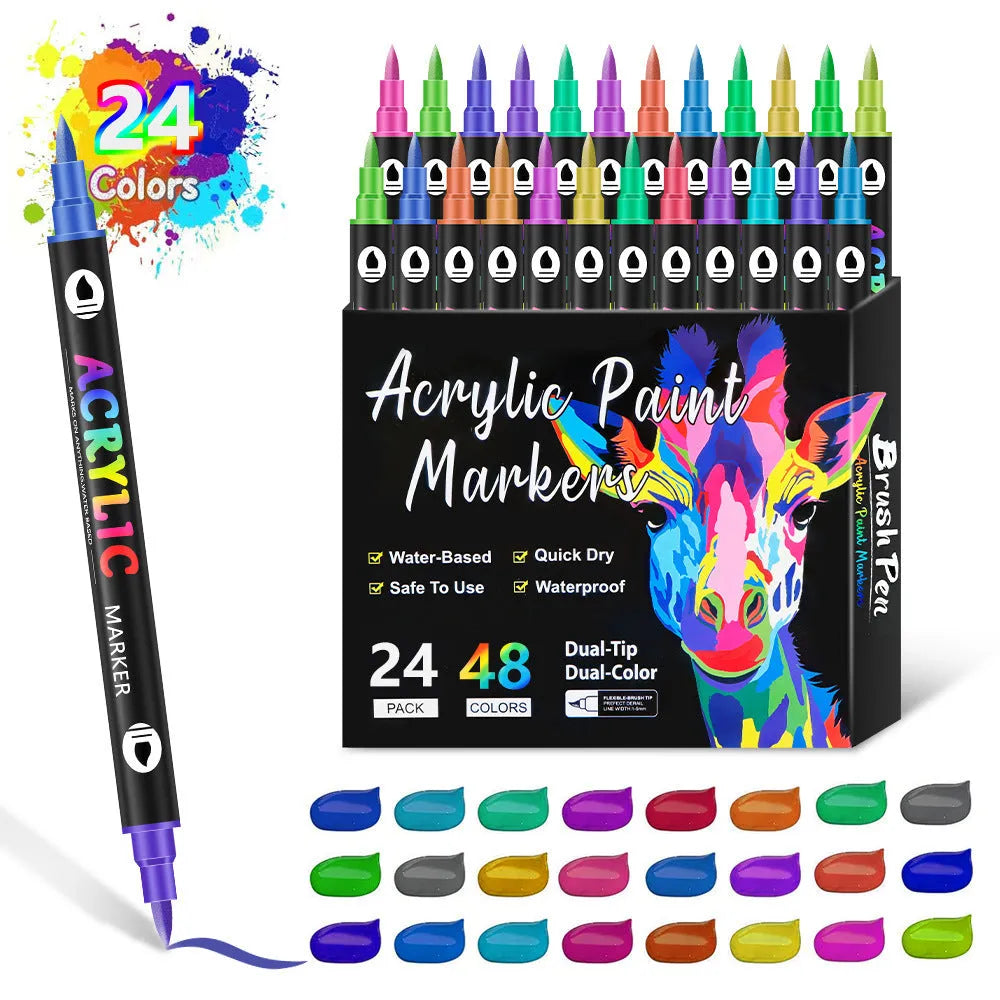 Set of double-headed acrylic marker pens showing both tips, with opaque washable ink in multiple colours.