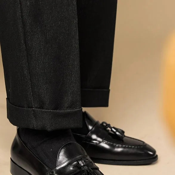 Men's polished leather tassel loafers in black and coffee colours with rubber sole
